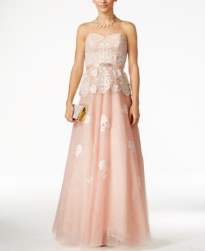 B Darlin Juniors' Embellished Lace Peplum Gown