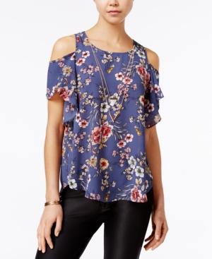 Bcx Juniors' Printed Cold-shoulder Top With Necklace