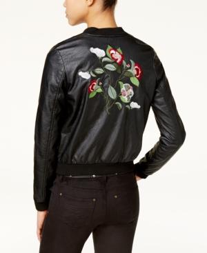 Jou Jou Juniors' Faux-leather Embroidered Bomber Jacket