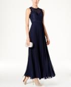 Xscape Illusion Lace Pleated Chiffon Gown