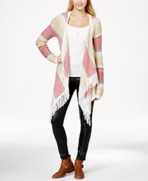 Say What? Juniors' Diamond-pattern Fringed Waterfall Cardigan Sweater