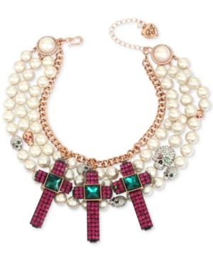 Betsey Johnson Two-tone Multi-stone Skull, Cross & Imitation Pearl Statement Necklace