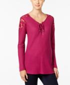 Style & Co Lace-trim Lace-up Top, Only At Macy's