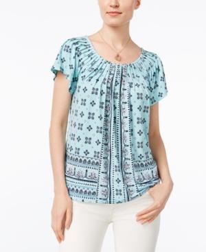 Style & Co Petite Printed Pleated-neck Top, Created For Macy's