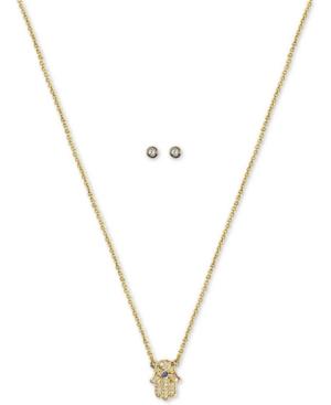 Kitsch Gold-tone Crystal Hamsa Hand Pendant Necklace & Stud Earrings