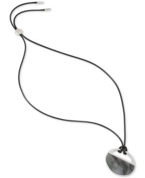 Kenneth Cole New York Silver-tone Black Mother Of Pearl Long Leather Pendant Necklace