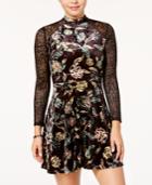 Be Bop Juniors' Lace-trimmed Printed Velvet Fit & Flare Dress