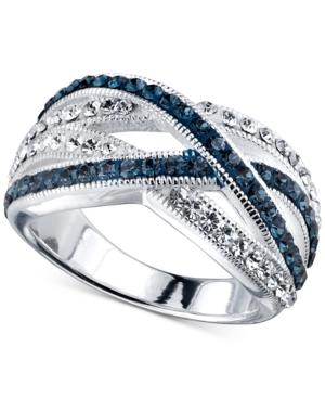 Unwritten Blue Stone And Crystal Crossover Ring In Silver-plated Brass