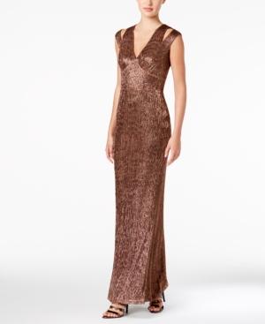Calvin Klein Split-shoulder Metallic Gown