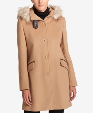 Dkny Faux-fur-trim Hooded Wool-cashmere Blend Coat