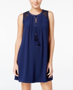 Speechless Juniors' Crochet-trim Pintucked Shift Dress