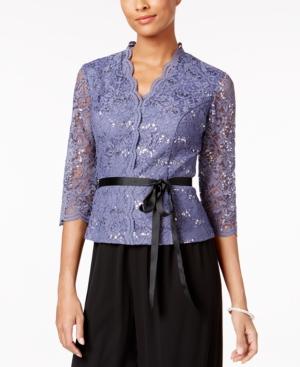 Alex Evenings Sequined Lace Ribbon Blouse