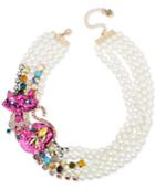 Betsey Johnson Gold-tone Multi-stone & Imitation Pearl Pink Cat Multi-row Necklace, 16-1/2 + 3 Extender