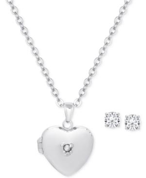 Children's Cubic Zirconia Locket Pendant Necklace And Stud Earrings In Sterling Silver
