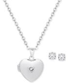 Children's Cubic Zirconia Locket Pendant Necklace And Stud Earrings In Sterling Silver