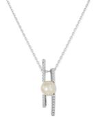 Majorica Sterling Silver White Imitation Pearl (10mm) And Pave Bar Pendant Necklace