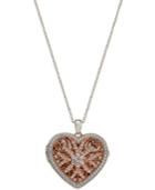 Cubic Zirconia Pave Filigree Heart Pendant Necklace In Sterling Silver And Rose Gold-plated Sterling Silver