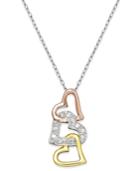 Diamond Tri-tone Triple Heart Pendant Necklace (1/10 Ct. T.w.) In Sterling Silver And 18k Gold-plated Sterling Silver