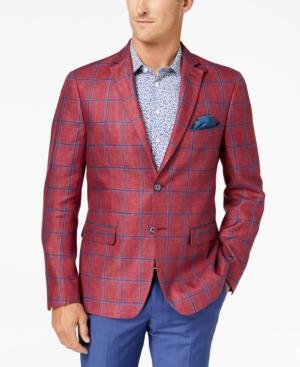 Tallia Orange Men's Modern-fit Raspberry Windowpane Sport Coat