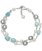 Milky Aquamarine (6 X 8mm) With White And Gray Cultured Freshwater Pearl (5mm & 7mm) Two-row Bracelet In Sterling Silver