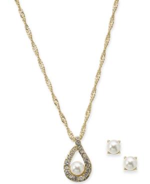 Charter Club Gold-tone Imitation Pearl And Crystal Pendant Necklace And Earring