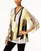 Jm Collection Petite Embellished Ombre Printed Top, Only At Macy's