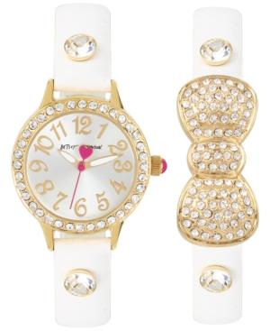 Betsey Johnson Women's White Imitation Leather Strap Watch & Bracelet Set 30mm Bj00536-37