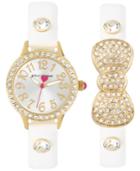 Betsey Johnson Women's White Imitation Leather Strap Watch & Bracelet Set 30mm Bj00536-37