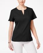 Karen Scott Cotton Split-neck Embellished Top, Created For Macy's