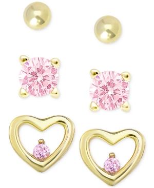 Children's 3-pc. Set Pink Cubic Zirconia Stud Earrings In 18k Gold-plated Sterling Silver