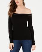 Guess Off-the-shoulder Pointelle Ribbed-knit Sweater
