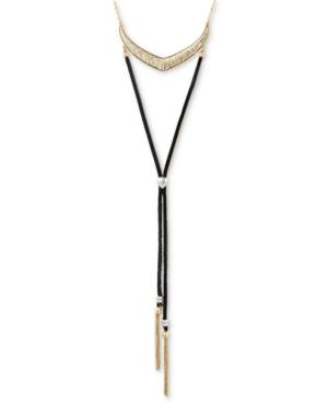 Lucky Brand Two-tone Imitation Pearl Black Leather Lariat Necklace