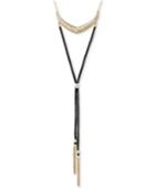Lucky Brand Two-tone Imitation Pearl Black Leather Lariat Necklace