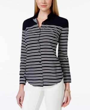 Charter Club Petite Solid Yoke Striped Shirt, Only At Macy's