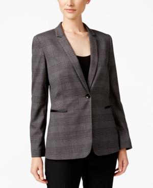 Tahari Asl Faux-leather-trim Plaid Blazer