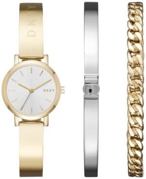 Dkny Women's Soho Gold-tone Stainless Steel Bangle Bracelet Watch And Two-piece Bracelet Gift Set 24mm Ny2619