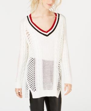 Ultra Flirt By Ikeddi Juniors' Pointelle Varsity Tunic Sweater