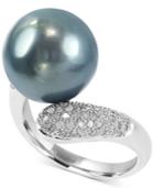 Effy Black Cultured Pearl (13mm) And Diamond (3/8 Ct. T.w.) Ring In 14k White Gold