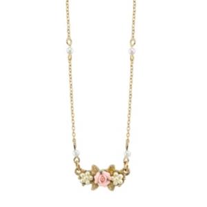 Gold-tone Simulated Pearl Pink Porcelain Rose Necklace 16 Adj.