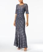 Connected Elbow-sleeve Metallic Lace Gown