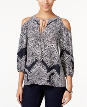 Inc International Concepts Petite Printed Cold-shoulder Peasant Top, Only At Macy's