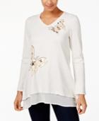Style & Co Butterfly-embellished Tunic Sweater, Created For Macy's