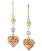 Tricolor Heart & Bead Drop Earrings In 10k Gold, White Gold & Rose Gold