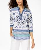 Charter Club Cotton Embellished Split-neck Tunic, Created For Macy's