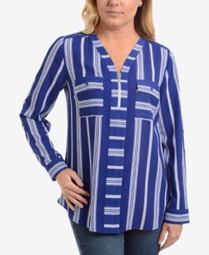 Ny Collection Striped V-neck Quarter-zip Blouse