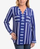 Ny Collection Striped V-neck Quarter-zip Blouse