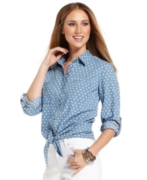 Style&co. Petite Top, Long-sleeve Dot-print Chambray Shirt