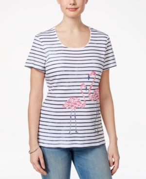 Karen Scott Striped Flamingo-print Top, Only At Macy's