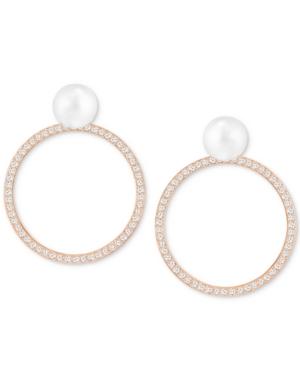 Swarovski Rose Gold-tone Pave & Imitation Pearl Drop Hoop Earrings