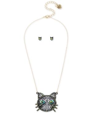 Betsey Johnson Two-tone Crystal Cat Pendant Necklace & Stud Earrings